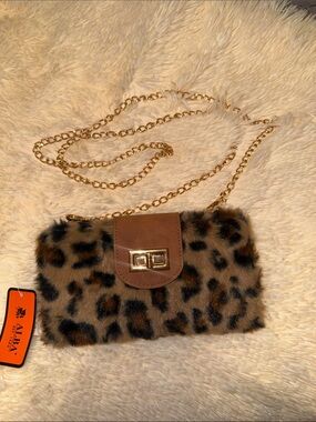 Alba Leopard Print Faux Fur Crossbody with Brown Flap and Gold Chain